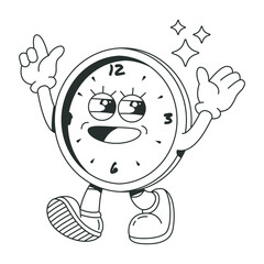 Retro cute wall clock character. Black and white vector illustration for coloring book