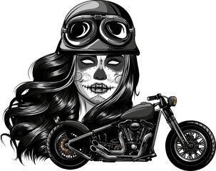 Plakat vector of monochrome head woman sugar skull with motobike
