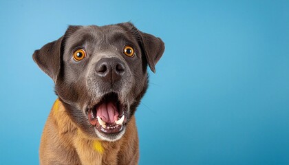 Obraz premium Portrait of a young Labrador dog, closeup, isolated on a blue background