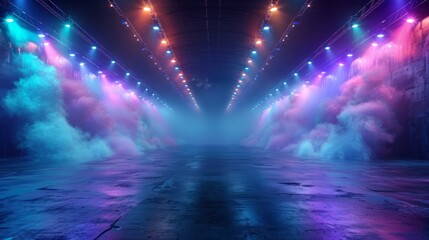 Moody, atmospheric, empty, dark, concrete room with glowing lights and colorful smoke