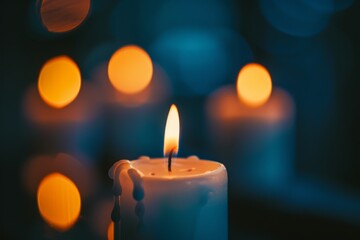 Candles Burning in the Dark with focus on single candle in foreground