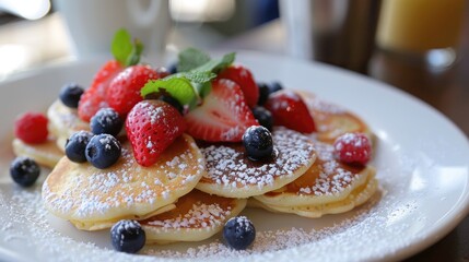 Berries on top of mini pancakes create a delightful breakfast scene