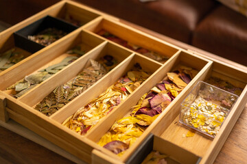Dried pressed flowers and leaves