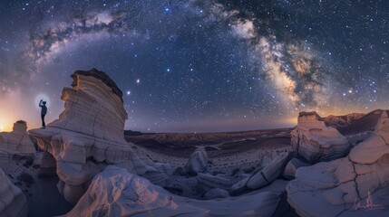 Hiker standing on a rock formation in a white boat park at night with the milky way galaxy and stars in the sky, illuminated - Powered by Adobe