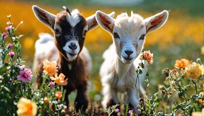 Two baby goats playing in a field of flowers.