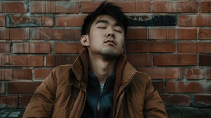 An Asian male wearing a brown jacket rests against the wall