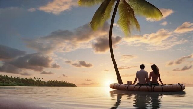 Um casal observando o p&ocirc;r-do-sol em uma praia tropical