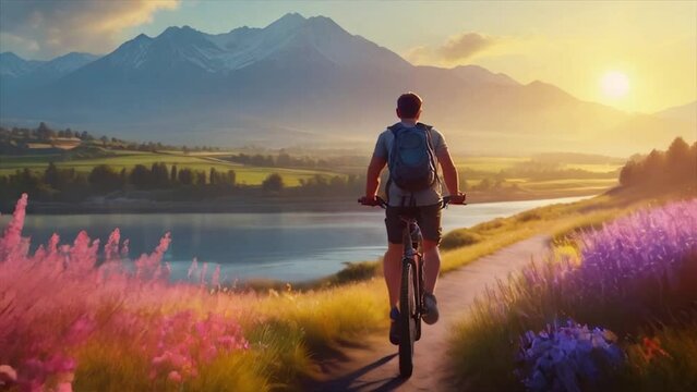 Um homem pedalando uma bicileta atrav&eacute;s de uma paisagem com lago, flores e motanha.