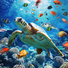 Obraz premium Witness the beauty of the ocean as a sea turtle glides among a dazzling array of colorful fish in their natural habitat. Dive into the wonders of underwater wildlife. AI generative