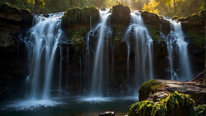 The ethereal dance of misty droplets rising from a cascading waterfall, catching the sunlight in a prism of colors ai_generated