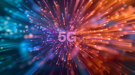 Bright, dynamic 5G symbol amidst colorful, futuristic digital particles