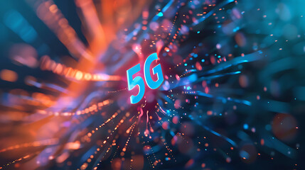 Bright, dynamic 5G symbol amidst colorful, futuristic digital particles