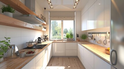 Interior designer of a kitchen with light brown wooden countertops and white cabinets.