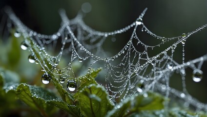 The hidden treasures of a dew-covered spider web, each droplet a miniature world encapsulated in silk ai_generated