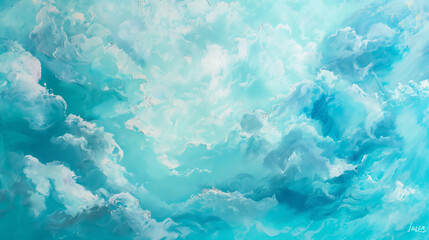 Obraz premium Background of Renaissance cloud sky Painting of Clouds in Sky Blue, Turquoise, and Cyan Shades for Soothing, Spiritual Art