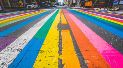 A rainbow painted road on a city background with copy-space for text. Background design for the Pride month festival or a creativity idea.