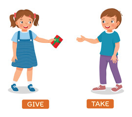 Opposite words give and take illustration of little girl giving present to boy friend