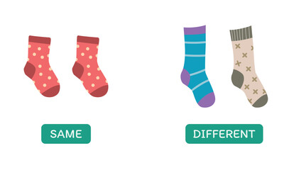 Opposite antonym words same and different illustration of socks