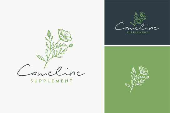 Camelina Flower Silhouette for Beauty Natural Essential Oil or Sativa Plant Farm Garden logo design