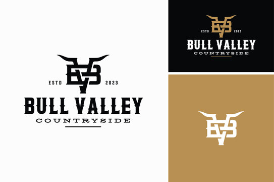 Initial Letter V and B or VB BV Monogram with Longhorn Bull Cow Horns for Western Cattle Livestock Ranch Farm Vintage Label logo design