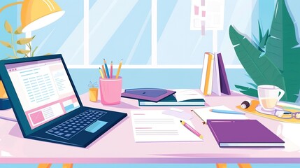 A desk with a laptop, books, and a coffee cup. The perfect place to study or work.