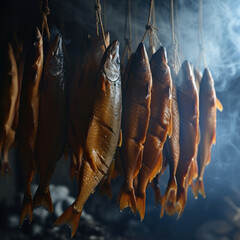 Experience the delicacy of smoked fish in a rustic smokehouse setting. Witness the artistry. Generative AI
