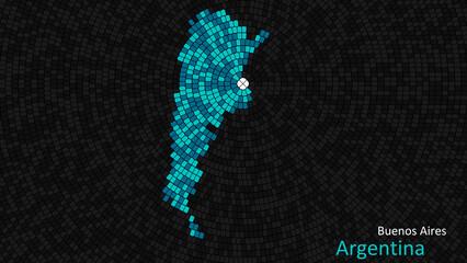A map of Argentina is presented as a mosaic with a dark background, and the country's borders are outlined in the shape of a colorful mosaic, centered around the capital city.