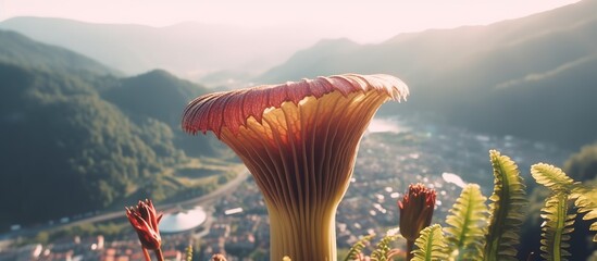 portrait of the other side of the amazing beauty of the corpse flower against the backdrop of a beautiful mountain valley