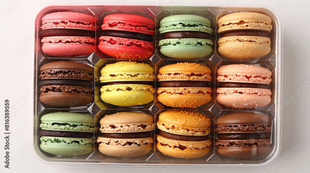 Sticker A vibrant assortment of twelve macarons in a container