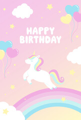 vector background with a unicorn, rainbow and balloons in cloudy sky for banners, cards, flyers, social media wallpapers, etc.