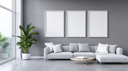 Mock Up three Poster Frame on the wall in minimalist interior living room with white couch, tropical flower in pot, luxury interior, 3d interior illustration.