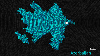 A map of Azerbaijan is presented as a mosaic with a dark background, and the country's borders are outlined in the shape of a colorful mosaic, centered around the capital city.