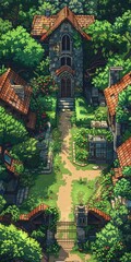 Fototapeta premium Serene pixel art garden scene with a cozy house in the distance generative ai