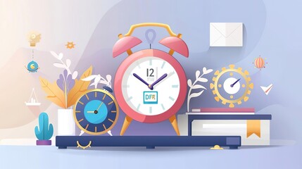 A beautiful illustration of a clock with a pink and blue theme