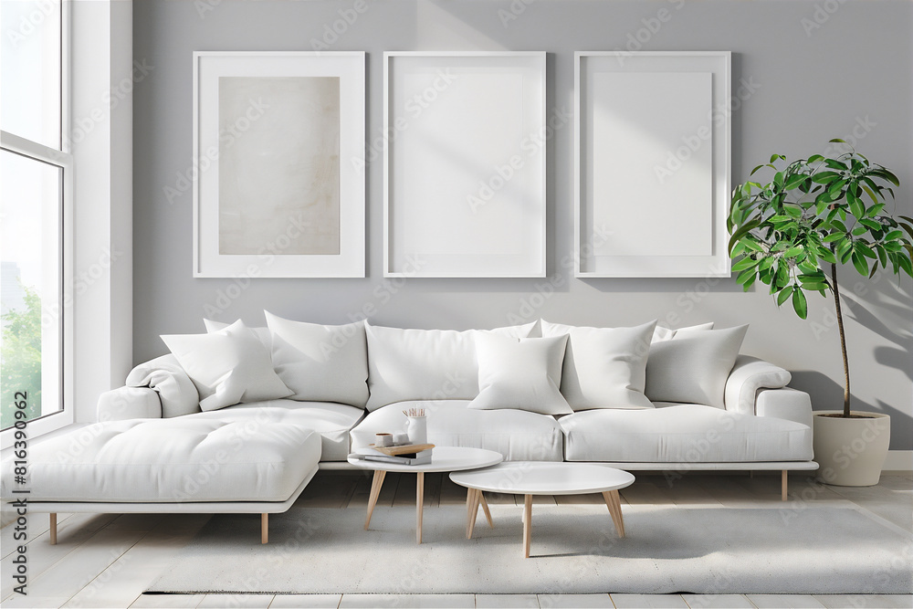 Wall mural mock up three poster frame on the wall in minimalist interior living room with white couch, luxury i