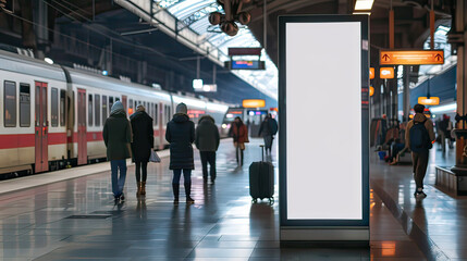 Mockup. Lightbox vertical billboard with blank digital screen on a train station. white blank poster advertisement Public information boards stand at stations in front of people and trains.