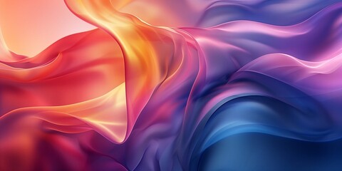 digital illustration featuring smooth, flowing silk waves in a gradient of vibrant colors ranging from fiery orange to deep blue and soft pink.