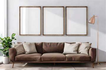 Mock Up three Poster Frames on the wall in minimalist interior living room with brown couch, luxury interior, 3d interior illustration.