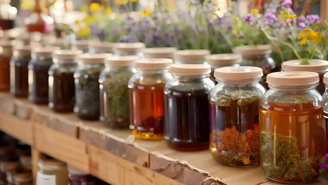 A table covered in jars of homemade herbal syrups each one made with a unique combination of herbs and sweetened with honey.