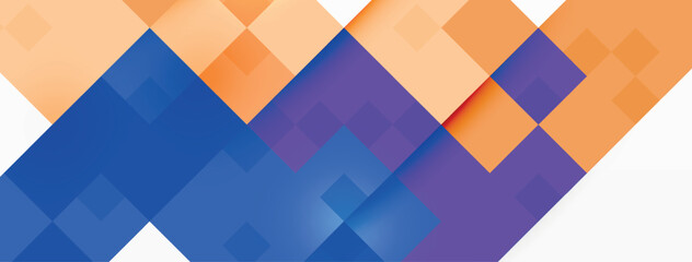 Colorfulness shines through in this art piece featuring a blue, purple, and orange geometric pattern of rectangles and triangles on a white background, with shades of violet and magenta