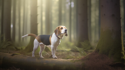 Double Exposure White background Beagle in front of a forest illustration ~ Created using Generative AI