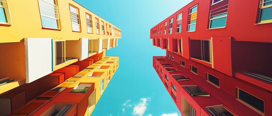 Minimalist colorful architecture on a sky blue background with a symmetrical composition. Modern apartment buildings with large windows and balconies in a highrise perspective with perspective aesthet