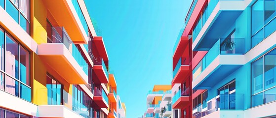 Minimalist colorful architecture on a sky blue background with a symmetrical composition. Modern apartment buildings with large windows and balconies in a highrise perspective with perspective aesthet