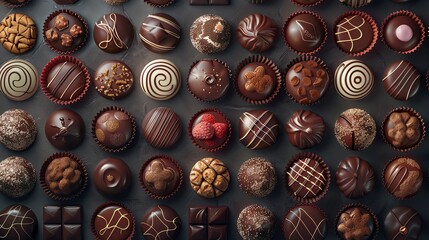 Colorful chocolate praline collection on a dark background, in a closeup. A background of various chocolates in a box, in a top view.