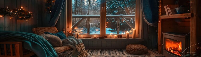 A starlit balcony with a magical fireplace, where a person reads a fantasy book under the night sky