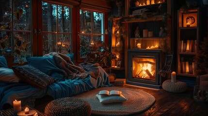 A woodland clearing with a fireplace, surrounded by nature, where someone reads a book of fairy tales