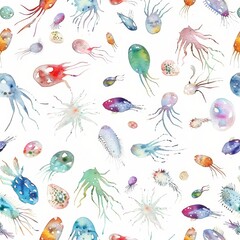 Watercolor seamless pattern of tiny, colorful plankton, hand-drawn to highlight the beauty of oceanic microorganisms, on an isolated background for wrapping paper