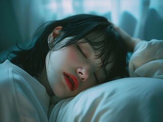 Japanese woman with black hair and bangs and red lips wearing a white sweatshirt sleeping on her side in a dark room, with soft light from the window, portrait photography