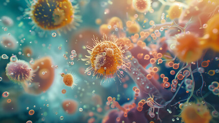 A colorful image of different microorganisms in the human body. The concept of chaos and disorder. Scientific research