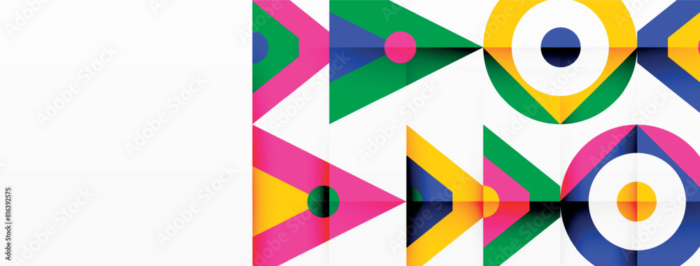 Poster a vibrant pattern of triangles, circles, and rectangles in magenta and electric blue, creating a sym